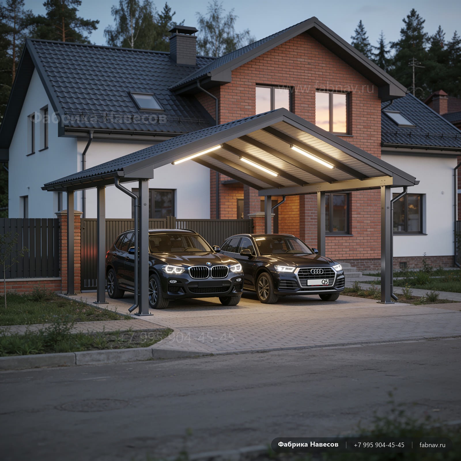 Двускатный навес в стиле дома над BMW X3 и Audi Q5