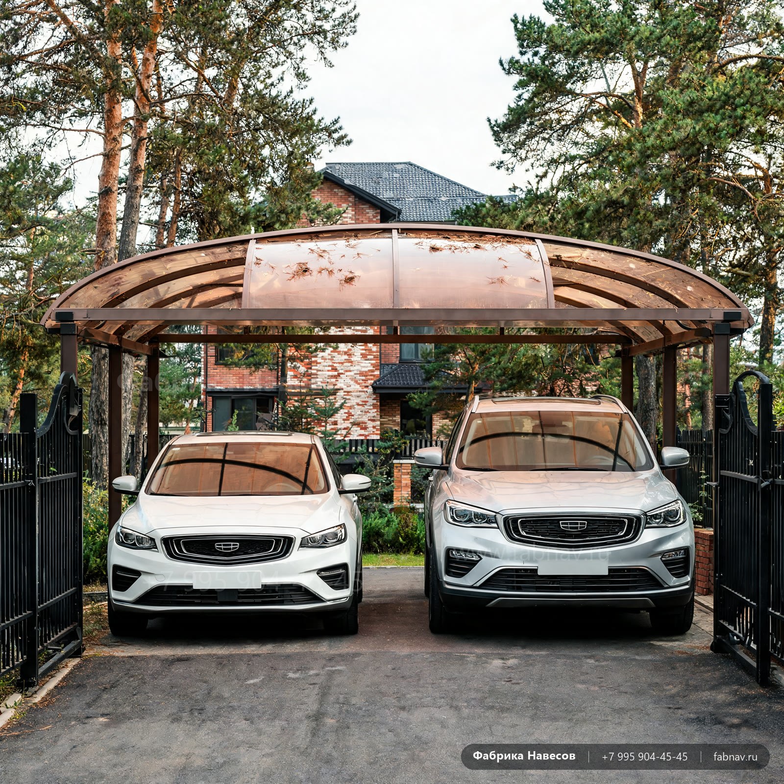 Навес под соснами над Geely Cityray и Belgee X50+