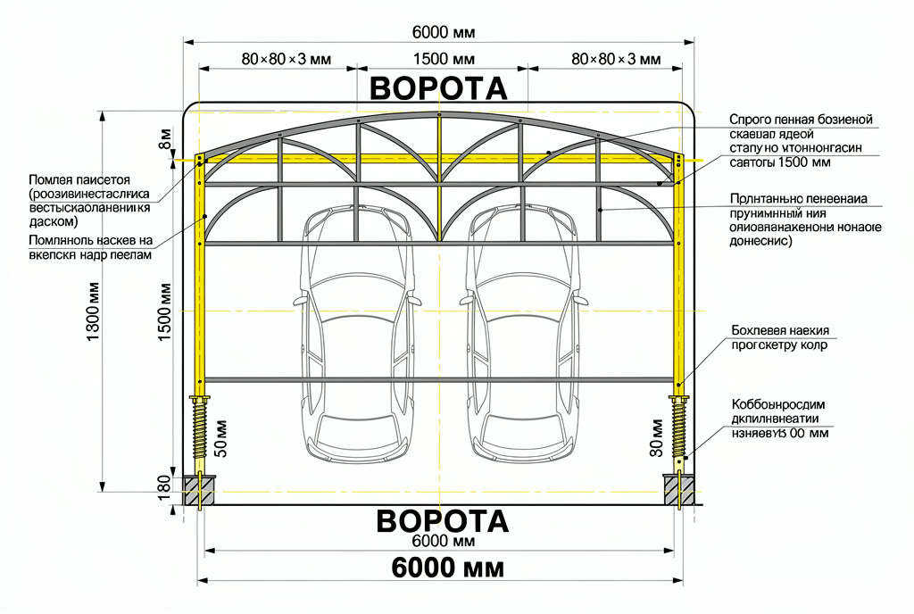 Чертёж навеса 6 × 5 м: план столбов и свай